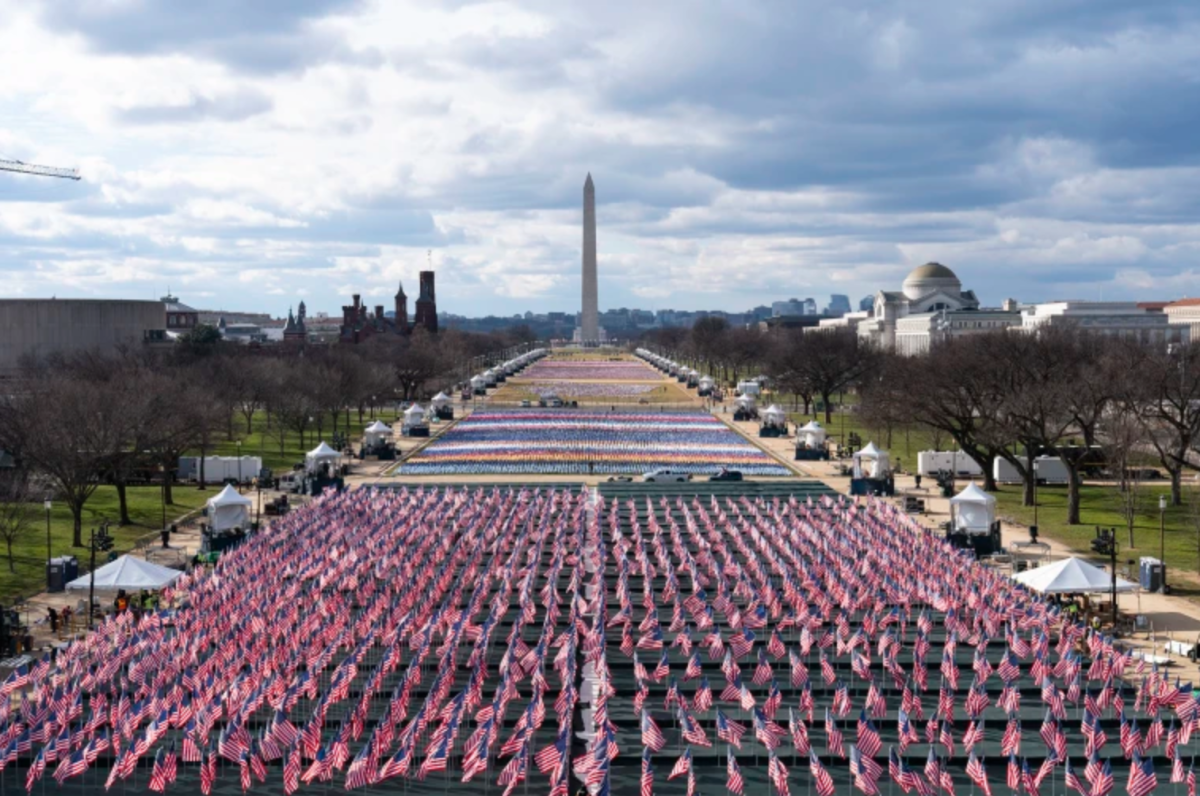 Flags fly in place of crowds on Inauguration Day. Photo: Getty Images.